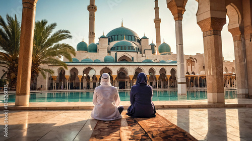 Muslim family celebrating Ramadan in front of an illuminated mosque with festive decorations and warm lights.