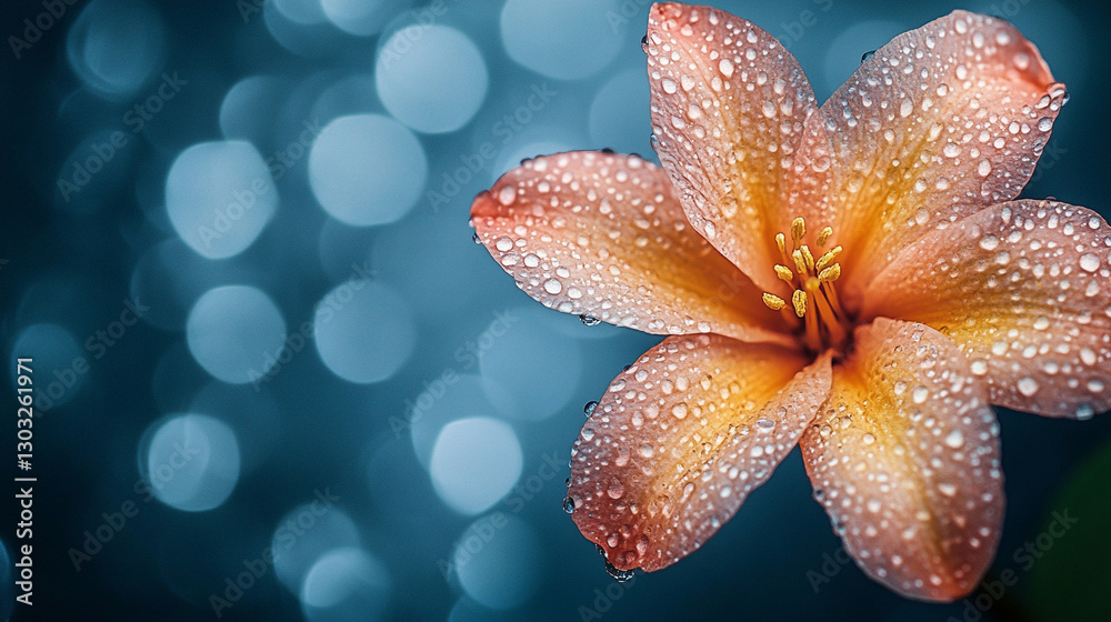 Fototapeta premium A captivating close-up of raindrops delicately resting on a tiny flower’s petals, reflecting nature’s intricate beauty and serenity, symbolizing renewal, purity, and the delicate balance of life