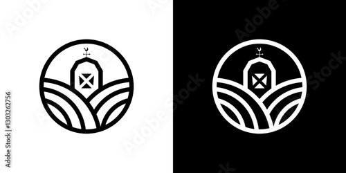 circle logo design with a rice field and a farm house