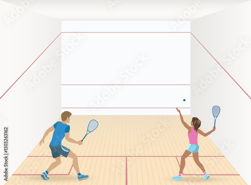 Indoor sport with ball, racket and playable surfaces of walls of the court. Woman and Man playing Squash Rackets. Players alternate in striking ball with rackets onto the playable surfaces of court.