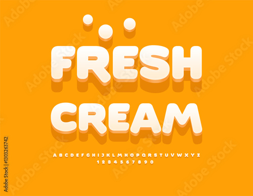 Vector Tasty label Fresh Cream. Creative White 3D Font. Modern Alphabet Letters and Numbers set.