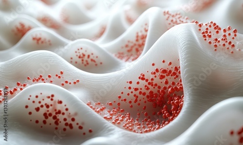 Abstract image, white surface with red specks, wavy texture, close-up view,  scientific or technological concept,  3d rendering or digital art,  artificial material, smooth undulating forms, detailed