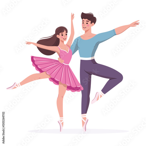 Couple of pretty and gentle ballerina man and woman dancing on white background. Poster, Banner, Flyer, Greeting Card. Vector illustration in flat cartoon style