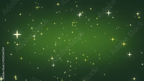 St. Patrick. Lucky shamrocks, shiny stars and glowing glittering particles on a dark green gradient background. This Saint Patrick's Day celebration party background animation is full HD.
