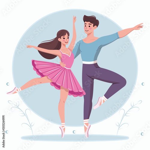 Couple of pretty and gentle ballerina man and woman dancing on white background. Poster, Banner, Flyer, Greeting Card. Vector illustration in flat cartoon style