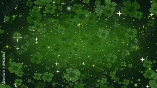 Symbols of clover shamrock - St. Patrick. Lucky shamrocks, shiny stars and glowing glittering particles on a dark green gradient background. This Saint Patrick's Day celebration party background.