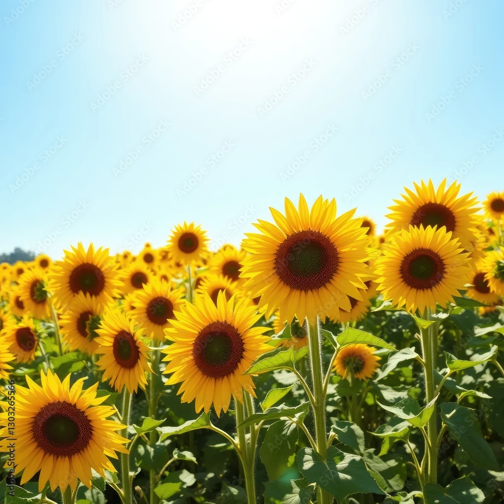 Fototapeta premium A field of yellow sunflowers in full bloom against a bright blue sky with warm sunlight, light, bloom, sun