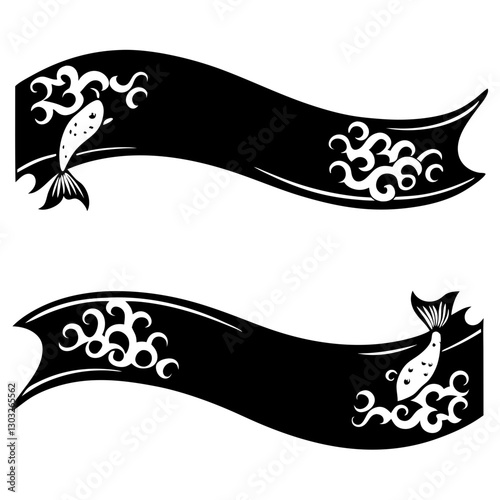  Japanese Koi Fish Banner - Black and White Vector