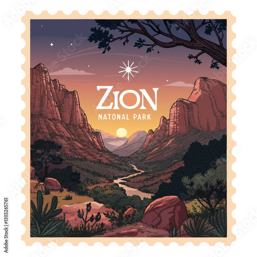  Zion National Park Souvenir Postage Stamp Vector