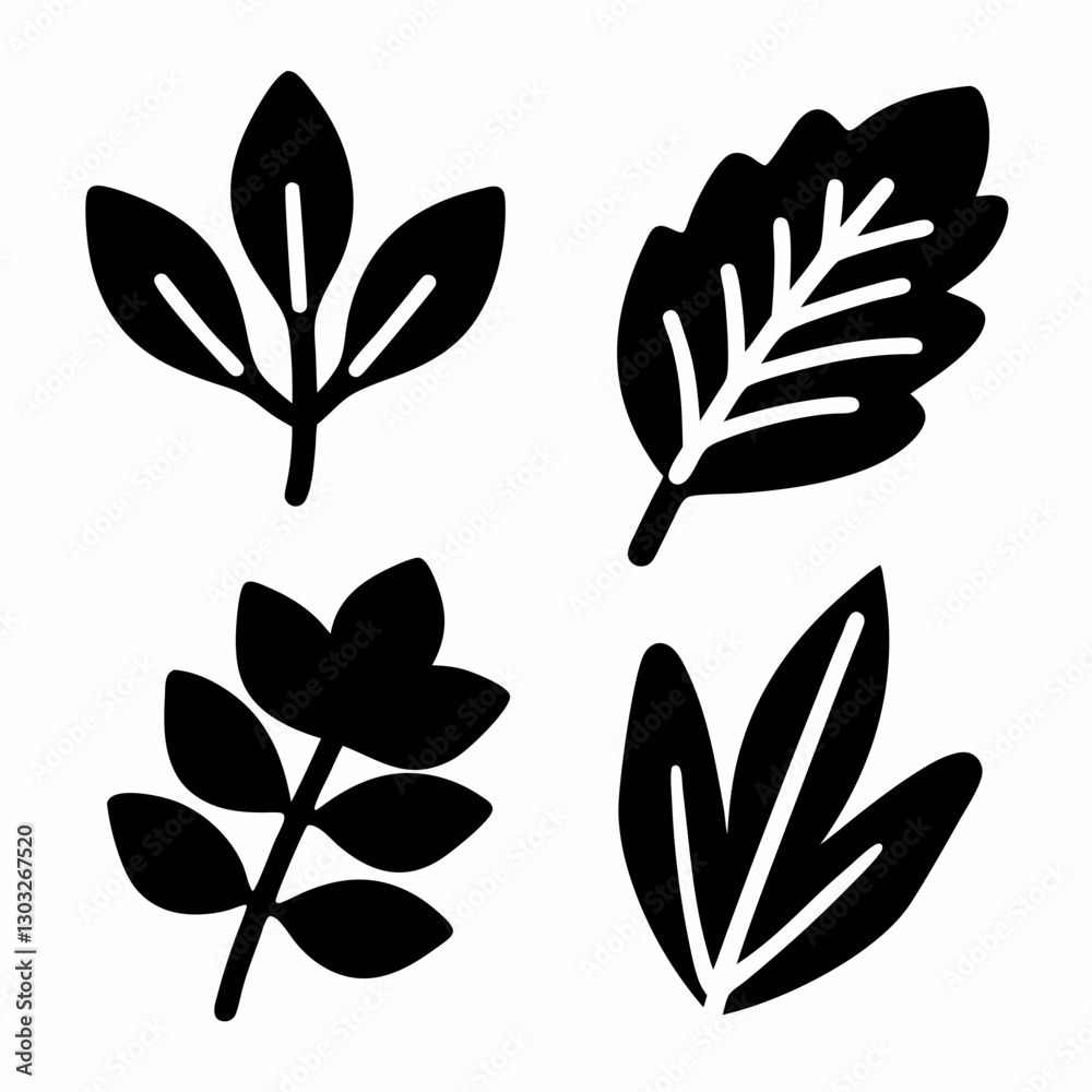 Black Silhouette Herb and Leaf Icon Set – Botanical Vector Illustration Black Silhouette Herb and Leaf Icon Set – Botanical Vector Illustration