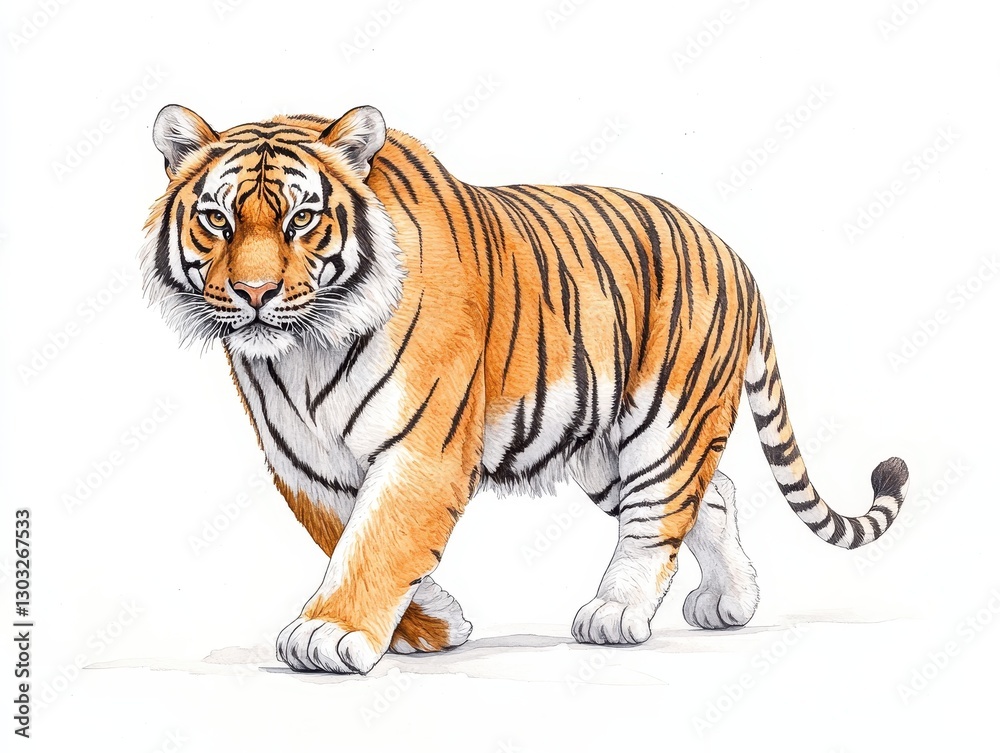 Fototapeta premium Majestic tiger walking gracefully across a white background, showcasing its vibrant stripes
