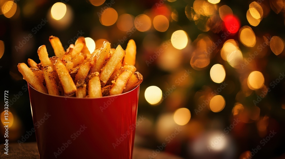 Festive fries with blurred lights, golden crispy treat in red container Festive fries with blurred lights, golden crispy treat in red container