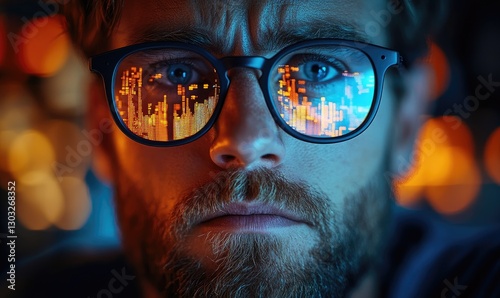 Close up portrait of a man with glasses reflecting city lights, illuminated face, urban theme, intense expression, detailed facial features, illuminated city lights reflected in glasses, vibrant