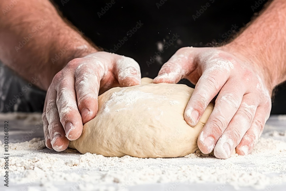 A chef's hands kneading dough, covered with flour, on a countertop. Perfect for illustrating baking and culinary activities. A chef's hands kneading dough, covered with flour, on a countertop. Perfect for illustrating baking and culinary activities.