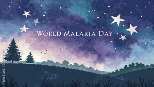 Watercolor Night Sky Background with Copy Space: Stars Forming a Reminder of "World Malaria Day" Text, Set Against Shades of Blue and Purple, Peaceful and Reflective of the Ongoing Battle Against Mala
