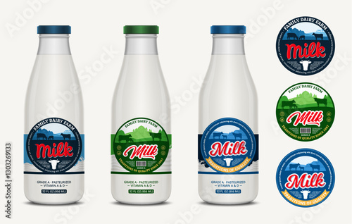 Vector milk round labels with farm, cows and calves. Milk glass bottles with labels