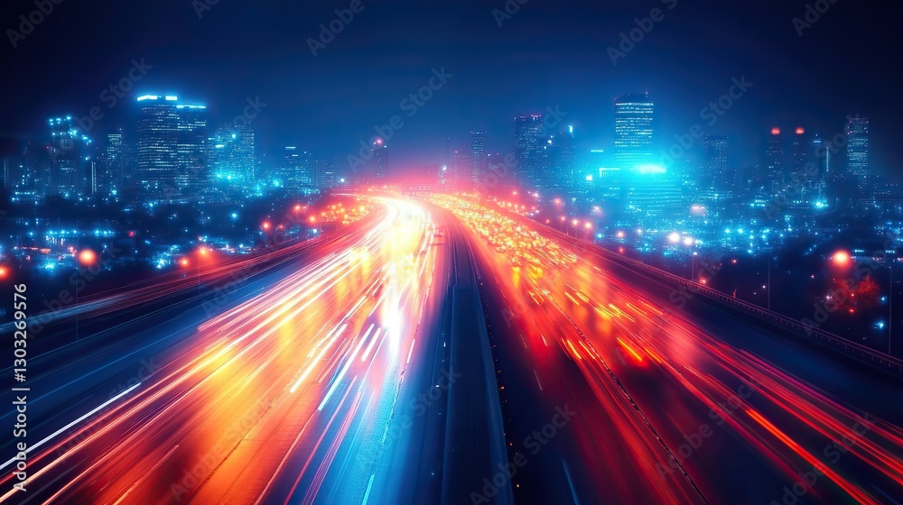 highway with motion blur and cityscape at night