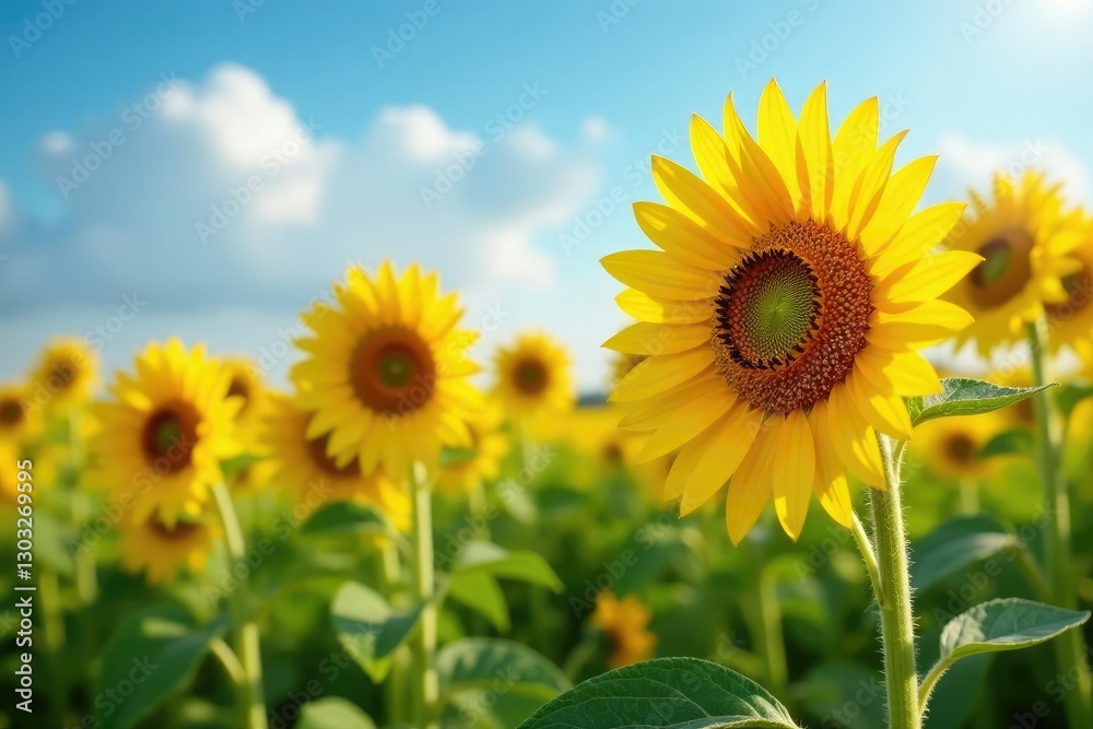 Fototapeta premium Field of sunflowers with different bloom stages, seasonal change, bloom