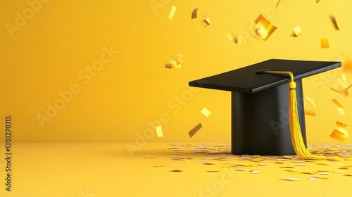 Graduation Celebration: A Black Graduation Cap Amidst Golden Confetti