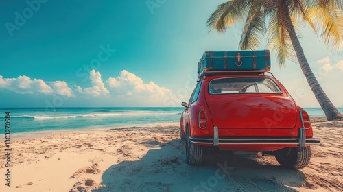 Red vintage car on beach with luggage.