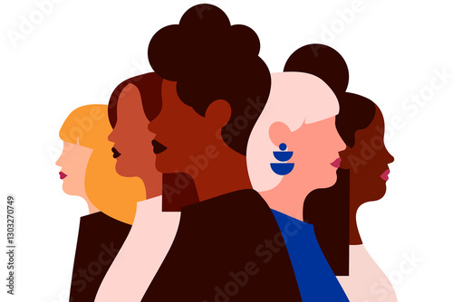 Minimal illustration of diverse women. Overlapping silhouettes in various skin tones, hairstyles. Concept on modern representation of female diversity and community. International Women's Day, March 8 photo