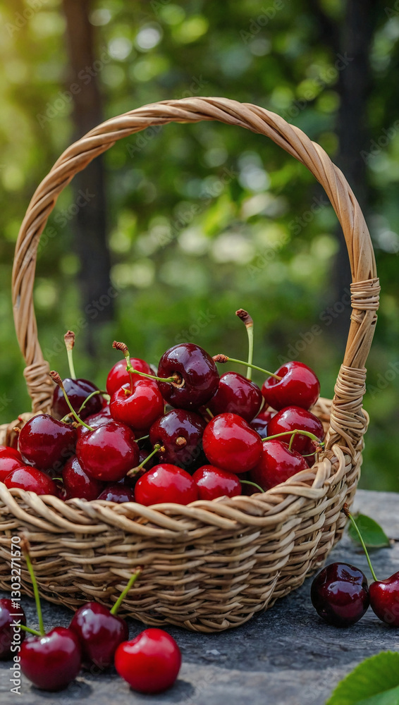 Basket of cherries against a natural background. Basket of cherries against a natural background.
