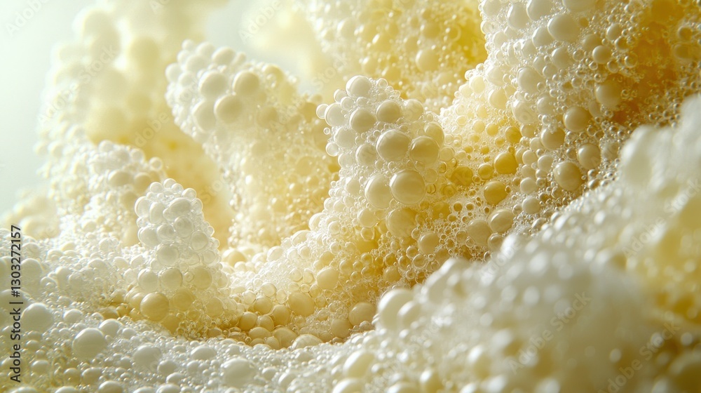 Obraz premium Close-up foamy beer bubbles, brewing process, light background