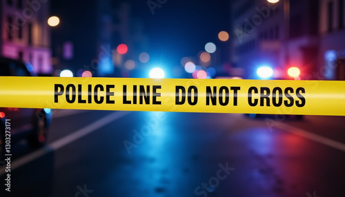 Police tape marking crime scene at night, tension and urgency