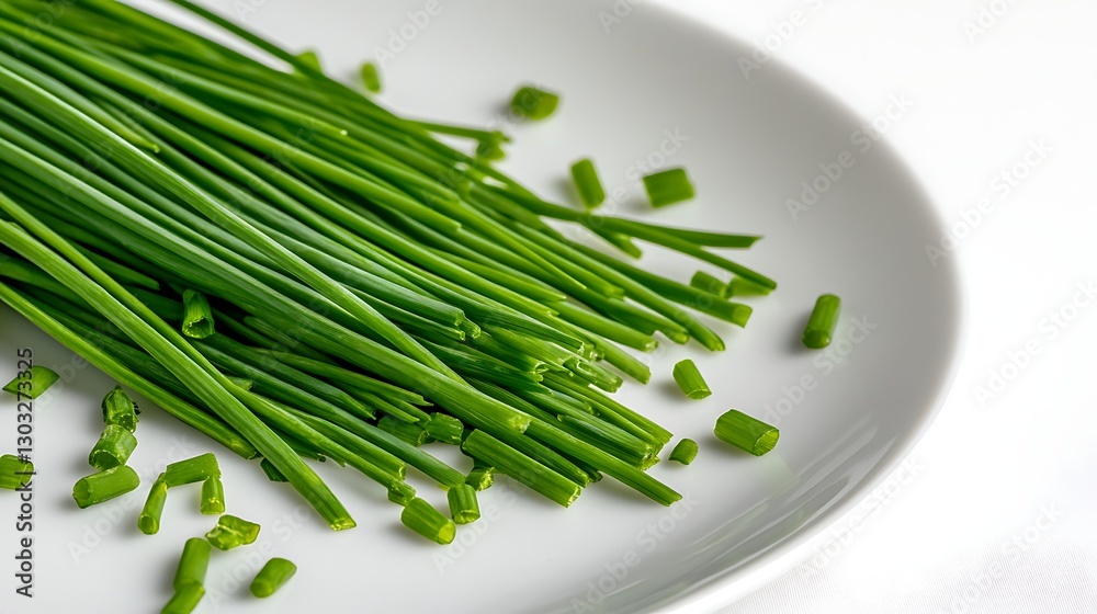 Fresh Green Chives on White Plate with Chopped Pieces for Culinary Presentation and Cooking Inspiration Fresh Green Chives on White Plate with Chopped Pieces for Culinary Presentation and Cooking Inspiration