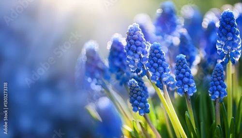 spring background muscari plant in bloom beautiful blue flowers macro shot