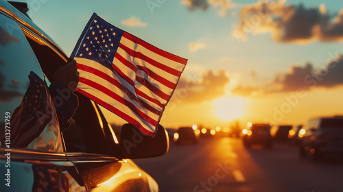 A person is holding a flag in a car window