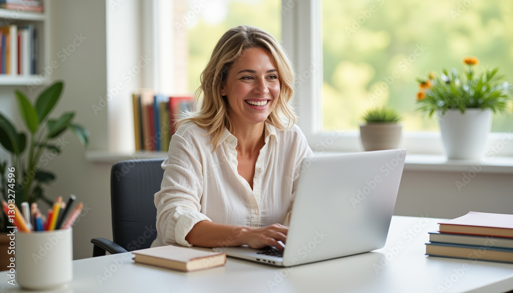 Smiling woman participating in online learning session, modern education Smiling woman participating in online learning session, modern education