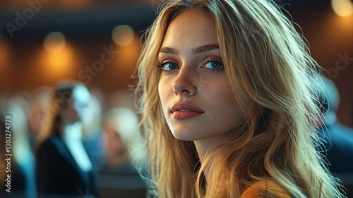 Wallpaper Mural Ethereal Gaze: A captivating portrait of a blonde woman with mesmerizing blue eyes, her gaze drawing the viewer in, set against a soft-focus background of an audience Torontodigital.ca