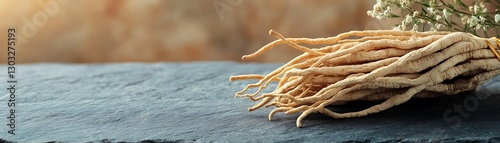 Dried Herbal Roots on Stone Surface with Simple Background for Natural Remedies and Health Concepts