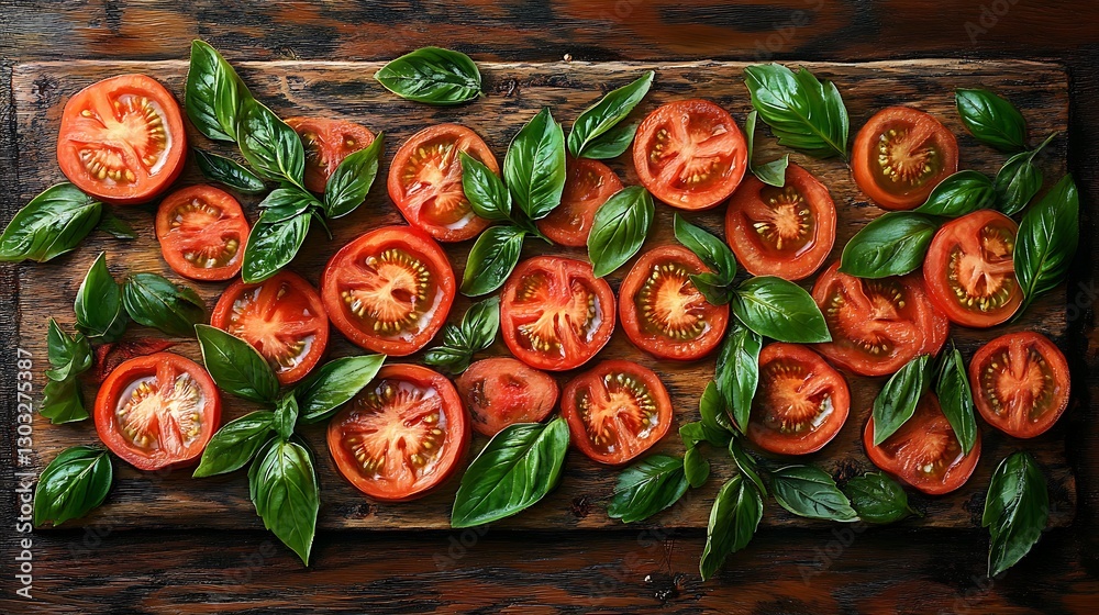 Fototapeta premium Sliced tomatoes and basil leaves arranged on a rustic wooden board. (1)