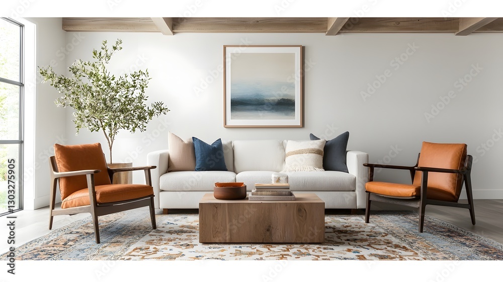 Fototapeta premium Cozy and Welcoming Farmhouse Inspired Living Space Featuring Weathered Wood Beams Patterned Rug and a Mix of Industrial and Vintage Inspired Elements that Radiate a Warm and Inviting Atmosphere