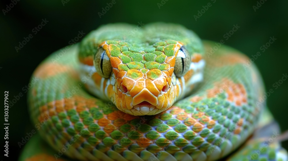 Fototapeta premium Close-up of coiled, vibrant green and orange snake in jungle