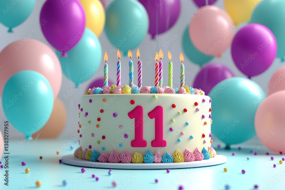 Large number 11 cake, playful balloons, message-ready background. Large number 11 cake, playful balloons, message-ready background.