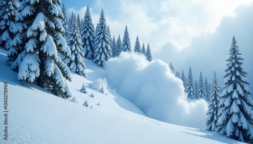 Trees bent and broken as a massive avalanche comes crashing through the snowy forest, snow-covered, trees Trees bent and broken as a massive avalanche comes crashing through the snowy forest, snow-covered, trees