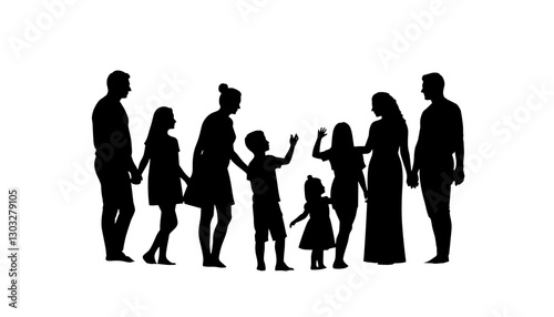 Silhouetted family enjoying togetherness against a white background