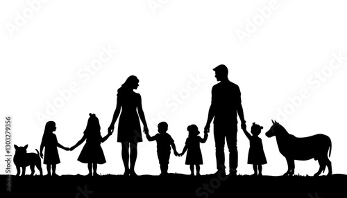 Silhouetted family holding hands with children and dog against white background