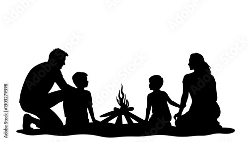 Family silhouettes gathered around a campfire