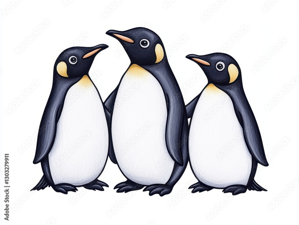 Fototapeta premium Three cartoon penguins standing together, showcasing their playful demeanor against a simple background