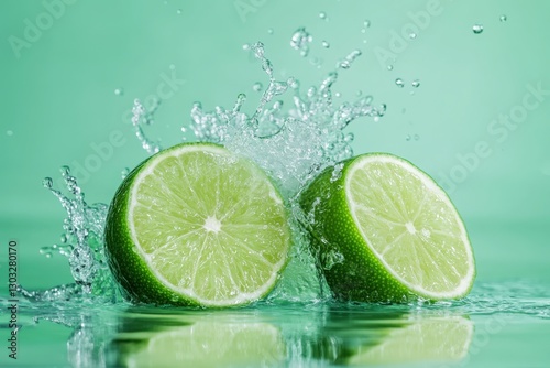 Two limes halves splashing in green water