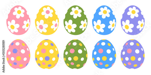 Set of cute painting Easter eggs with simple patterns, polka dot and with daisies. Colorful Easter eggs isolated on white background. Flat design, vector illustration