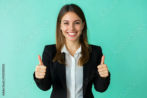 Businesswoman showing a double thumbs up gesture, smiling on solid color background