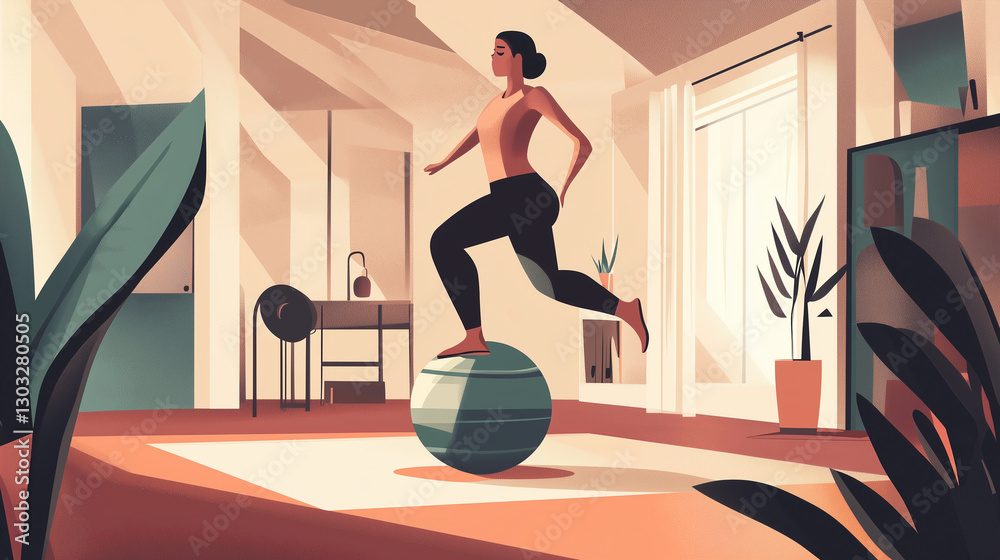 Woman exercising on a stability ball in a modern living room Woman exercising on a stability ball in a modern living room