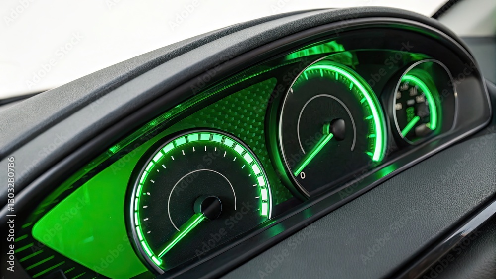 Net zero tracker. A close-up of a car's dashboard featuring green-lit gauges, displaying various metrics for speed and performance.