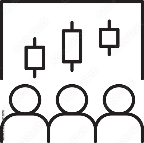 Presentation with audience and chart visuals line icon