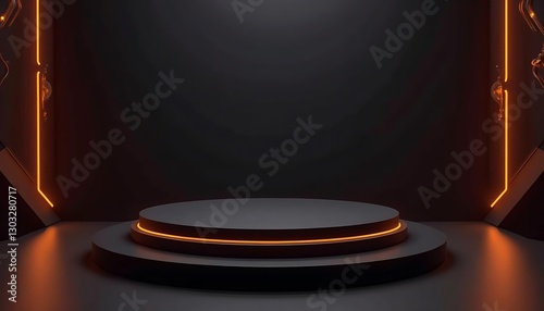 high-tech stage with neon accents for luxury advertising. a visually striking 3d podium with a sleek, circular platform in deep matte black, accented by glowing orange neon lines. the dark geometric